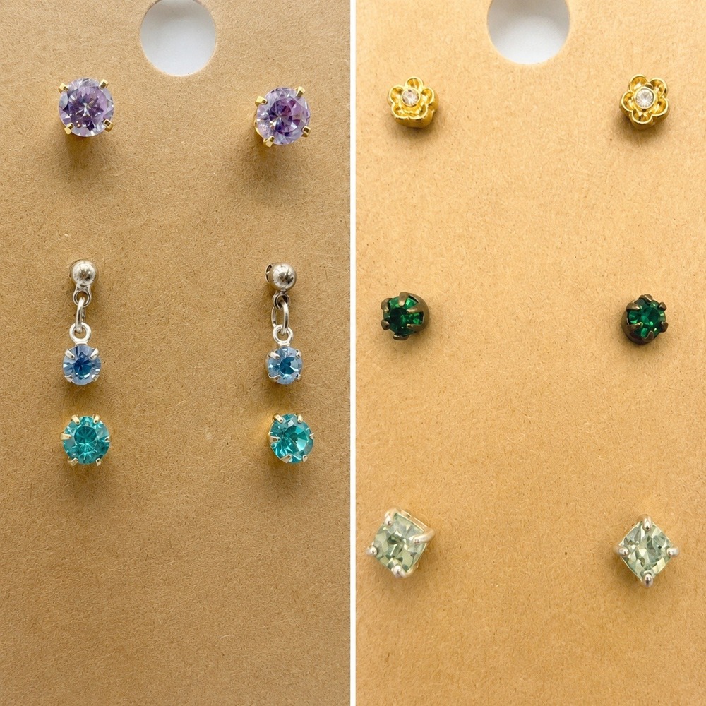 Lot of 6 Vintage Glass Rhinestone Stud Earrings Multicolor Dangle Mixed Shapes